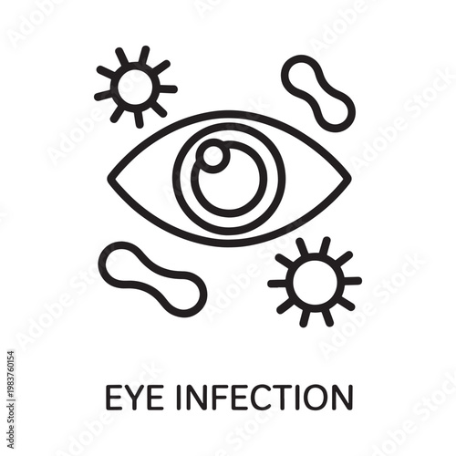 Line art illustration depicts an eye with surrounding germ like shapes