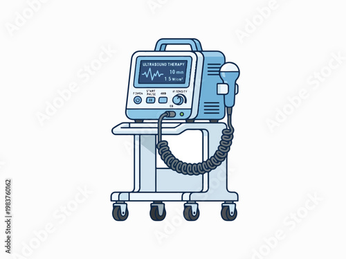 An illustration of a blue and white ultrasound therapy machine on a wheeled cart with a connected transducer probe. The screen displays ULTRASOUND THERAPY.