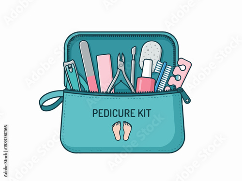 An open turquoise cosmetic bag labeled PEDICURE KIT with footprints, containing nail clippers, file, cuticle tools, polish, and other foot care items.