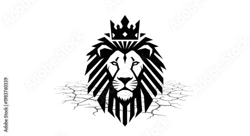 Majestic Lion Head with Crown and Cracked Ground Symbolizing Power and Resilience
