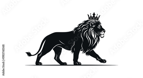 Majestic Lion King Wearing Crown Walking Pridefully on White Background
