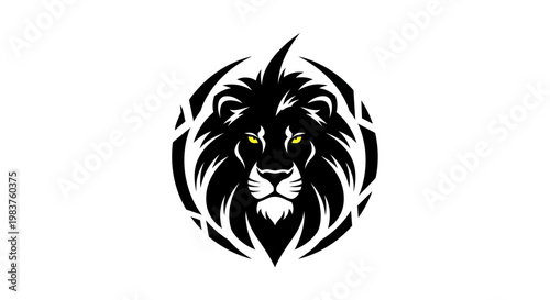 Majestic Black Lion Head Logo With Yellow Eyes Surrounded By Tribal Elements