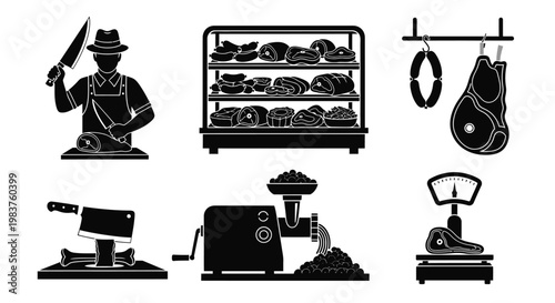 Butcher Shop Icons: Meat, Sausage, Tools, and Equipment Set