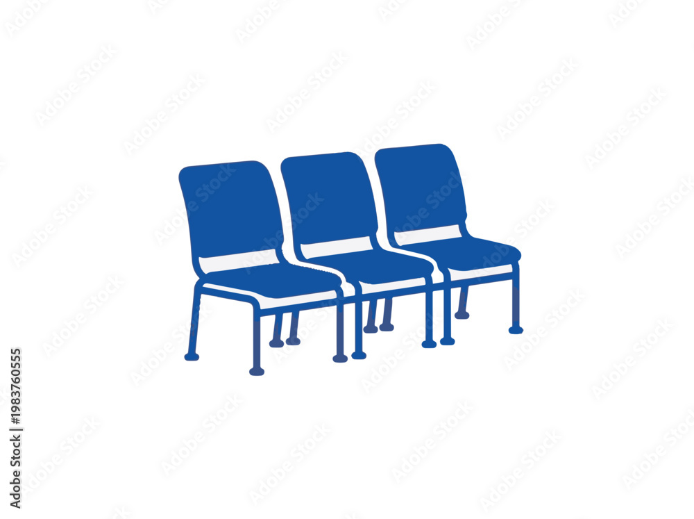 Obraz premium Three simple blue chairs are aligned in a row against a plain white background, depicted in a minimalist, icon-like style, suggesting a waiting area.
