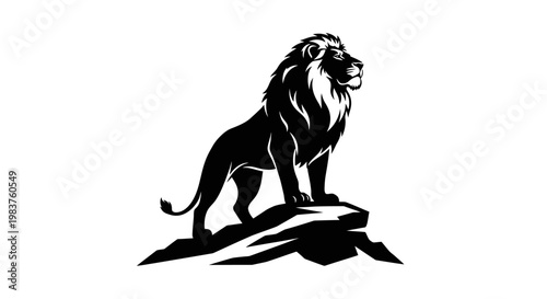 Majestic Lion Silhouette Standing Proudly on Rocky Outcrop, Emblem of Strength