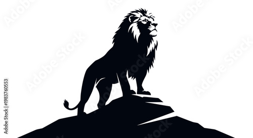 Majestic Lion Silhouette Standing Proudly on Rocky Outcrop with Fierce Gaze