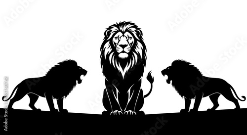Majestic Lions Silhouette: Central King and Two Roaring Felines on White Background