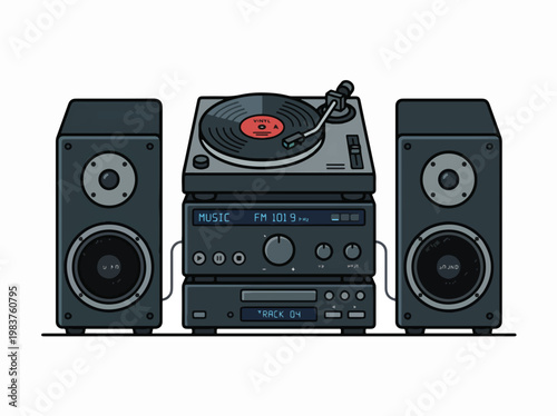 Retro audio system with turntable, amplifier, CD player, and two speakers.