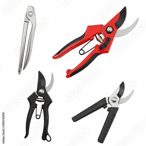 Gardening Tools Set: Pruning Shears, Secateurs, Loppers, and Clippers on White Background