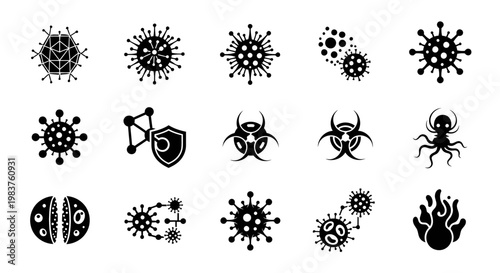 A collection of 15 unique black silhouette icons representing abstract virus and microbiology concepts. Designed with modern and scientific style, clean vector isolated on white background