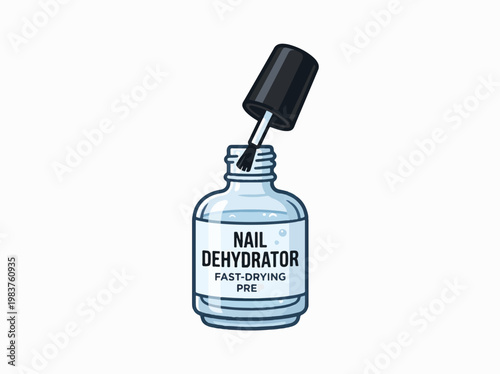 A bottle of nail dehydrator with its brush applicator raised. The label reads NAIL DEHYDRATOR FAST-DRYING PREP.