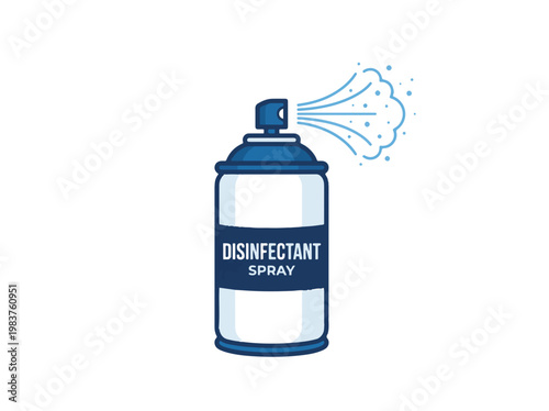 A blue and white aerosol can sprays a mist of disinfectant, representing cleanliness and hygiene.