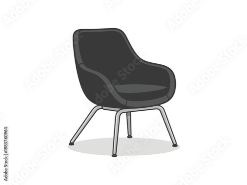 An isolated vector illustration of a modern dark gray armchair with a comfortable upholstered seat and back, supported by splayed silver metal legs.