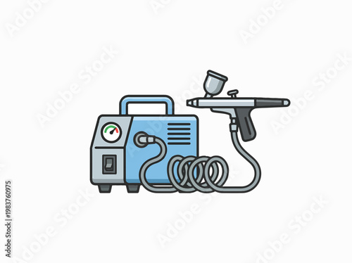 Flat illustration of an airbrush and compressor, ideal for art, design, and creative projects.