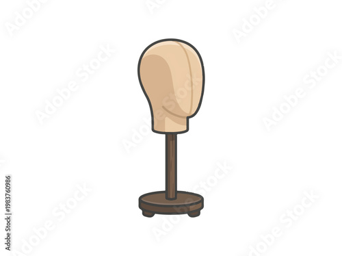 An illustration of a beige fabric mannequin head on a dark brown stand, commonly used for displaying hats, wigs, and other headwear, set against a white background.
