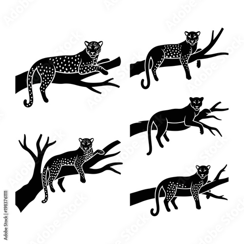 Set of Black Leopard Silhouettes on Tree Branches, Stylized Wildlife Art