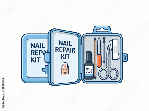 A blue nail repair kit opens to reveal tools and nail glue, with another closed kit beside it.
