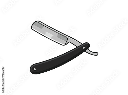 An illustration of an open straight razor, featuring a metallic silver blade and a black folding handle, isolated on a white background.