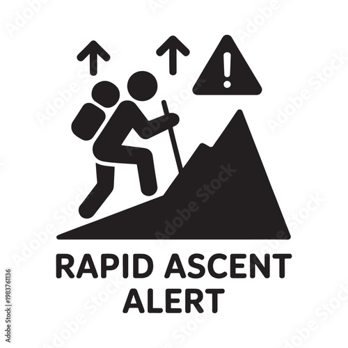 Warning sign depicts hikers climbing a mountain with rapid ascent alert