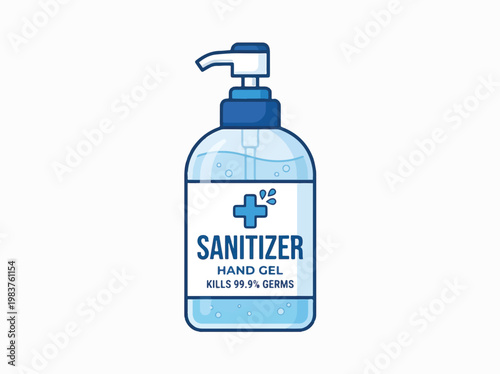An illustration of a blue hand sanitizer pump bottle with a label reading 'SANITIZER HAND GEL KILLS 99.9% GERMS' against a white background.