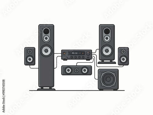 A 5.1 surround sound system with two tower speakers, two bookshelf speakers, a center channel, a subwoofer, and an audio receiver.