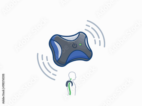A stylized wireless posture corrector device with a power button, emitting signals, shown above a subtle outline of a person's upper back indicating good posture.