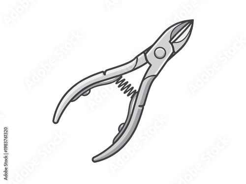 A cartoon illustration of a metallic nail nipper or cuticle cutter with a spring mechanism, depicted against a white background.