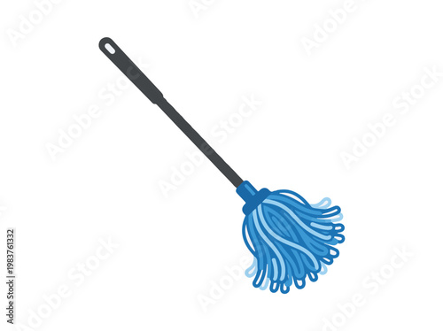 A cartoon illustration of a blue mop with a dark grey handle. The mop head is made of tangled blue strings.