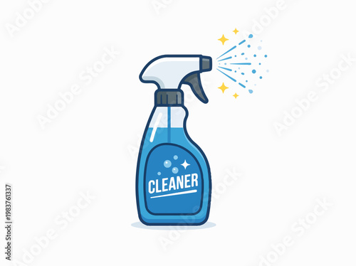A blue spray bottle labeled CLEANER sprays a fine mist with sparkling accents, symbolizing cleaning and disinfection.