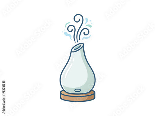 A cute, minimalist illustration of a light blue essential oil diffuser emitting steam with a wooden base.