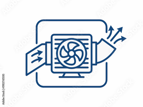 A blue line drawing icon depicts a fan with an intake vent on the left and an exhaust vent on the right, illustrating air circulation.