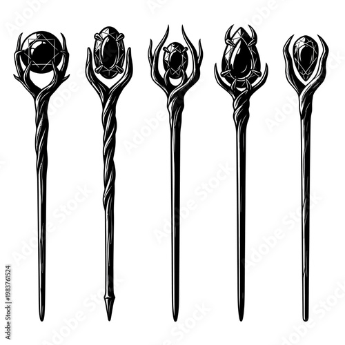 Mystical Magic Wands Collection: Fantasy Staffs with Gemstones, Occult Symbols, Ancient Artifacts