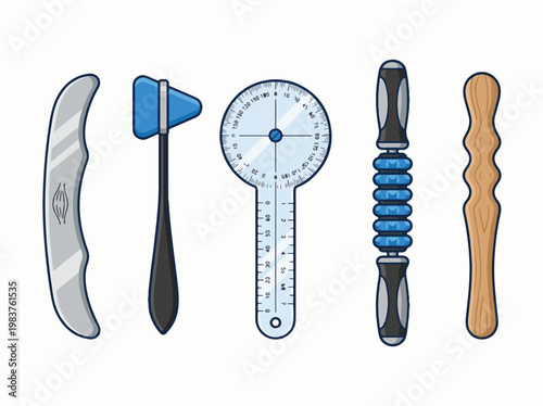 An illustration of five physical therapy and rehabilitation tools: an IASTM instrument, a reflex hammer, a goniometer, a massage roller stick, and a wooden massage tool, set against a white 