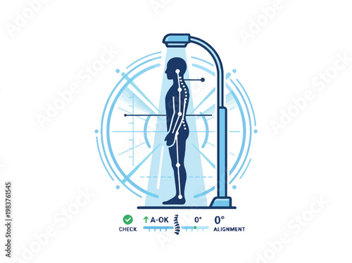 A stylized blue illustration of a person standing, being scanned by a technological device to assess spinal posture and alignment. Indicators confirm 'A-OK' and '0°' alignment.