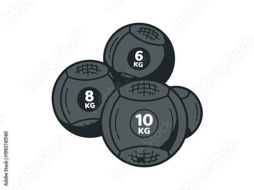 An illustration of three dark medicine balls, weighing 6kg, 8kg, and 10kg, grouped together. Ideal for various strength and fitness training.