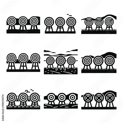 Archery Target Set Icons - Outdoor Shooting Range and Competition Graphics