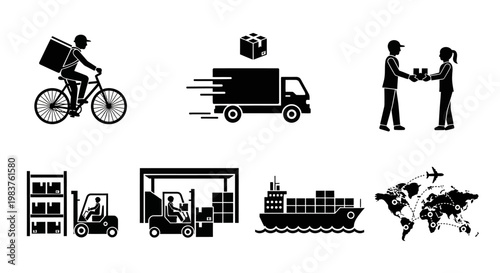 Logistics and Delivery Icons: Bicycle, Truck, Ship, Forklift, World Map