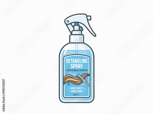 An illustration of a blue detangling spray bottle for hair, labeled DETANGLING SPRAY CONDITIONER & SMOOTHER, with an image of hair and a comb.