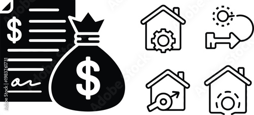 Black and white featuring a financial contract with a dollar sign money bag plus various house symbols with gears keys and circular representing real estate and property management