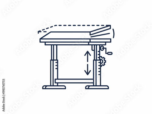 Adjustable drafting table with crank, showing tilt and height adjustment options.