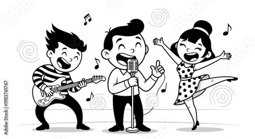 Retro Band Performing: Singer, Guitarist, Dancer in Lively Cartoon Style