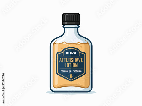 A clear glass bottle with a black cap contains Aura Aftershave Lotion, labeled as cooling and refreshing.