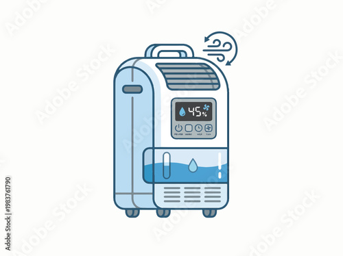A modern dehumidifier with a digital display showing 45% humidity, fan, and water tank. Isolated on a white background.