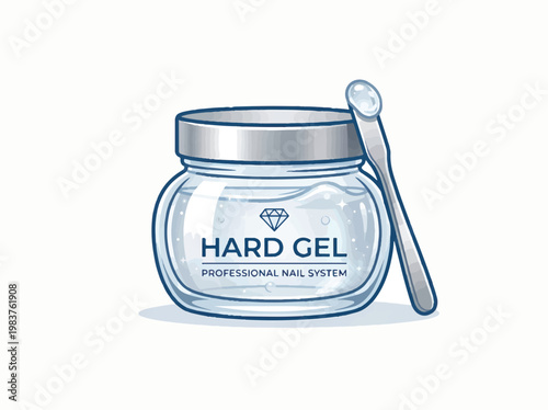 Illustration of a clear jar of HARD GEL PROFESSIONAL NAIL SYSTEM with a silver lid, a diamond icon, and a spatula holding a gel drop for nail care.