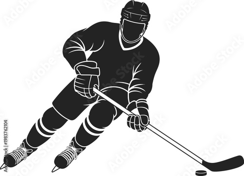 Black and white silhouette of an ice hockey player skating forward while holding a hockey stick and preparing to hit a small puck on a plain white background in a dynamic sports action pose