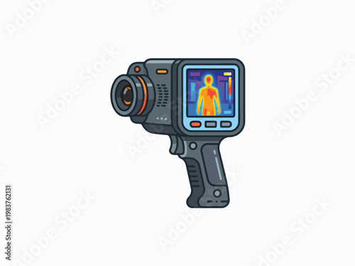 A digital illustration of a thermal imaging camera with a colorful display showing a heat signature of a person.