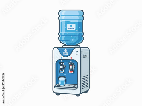 A cartoon water cooler with a large bottle on top, dispensing water into a glass. Features hot and cold options.