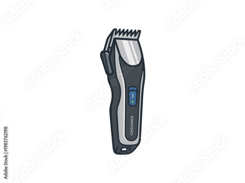 A sleek, modern cordless hair clipper with a silver and black design, featuring a blue power indicator and the word GROOMER on the handle.