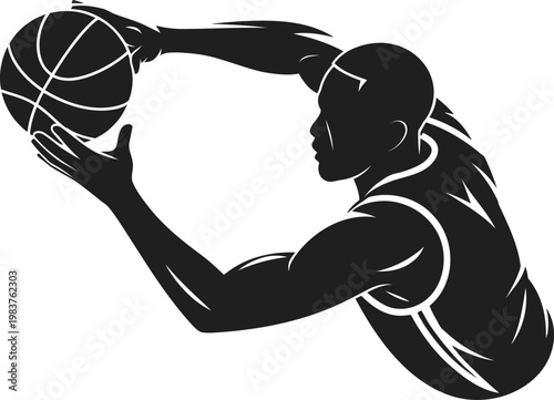 Black silhouette of a basketball player reaching forward with both hands to catch or hold a basketball in a dynamic athletic motion isolated on a plain white background for sports team branding
