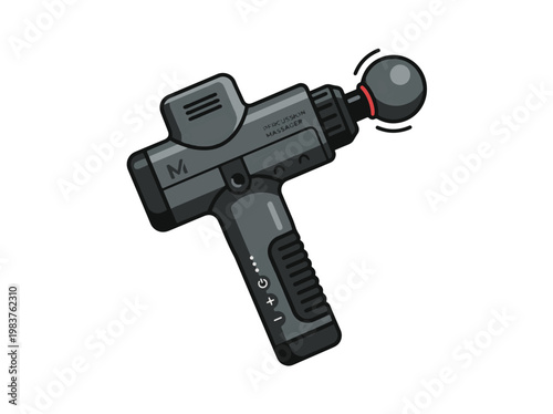 A gray percussion massage gun with a round attachment. It has buttons on the handle and the word PERCUSSION MASSAGER on its body.